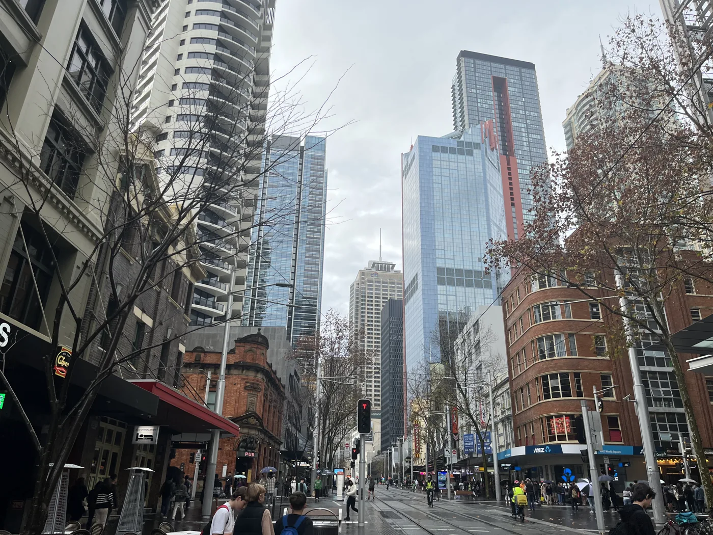 Sydney CBD street with glass skyscrapers on a grey rainy day