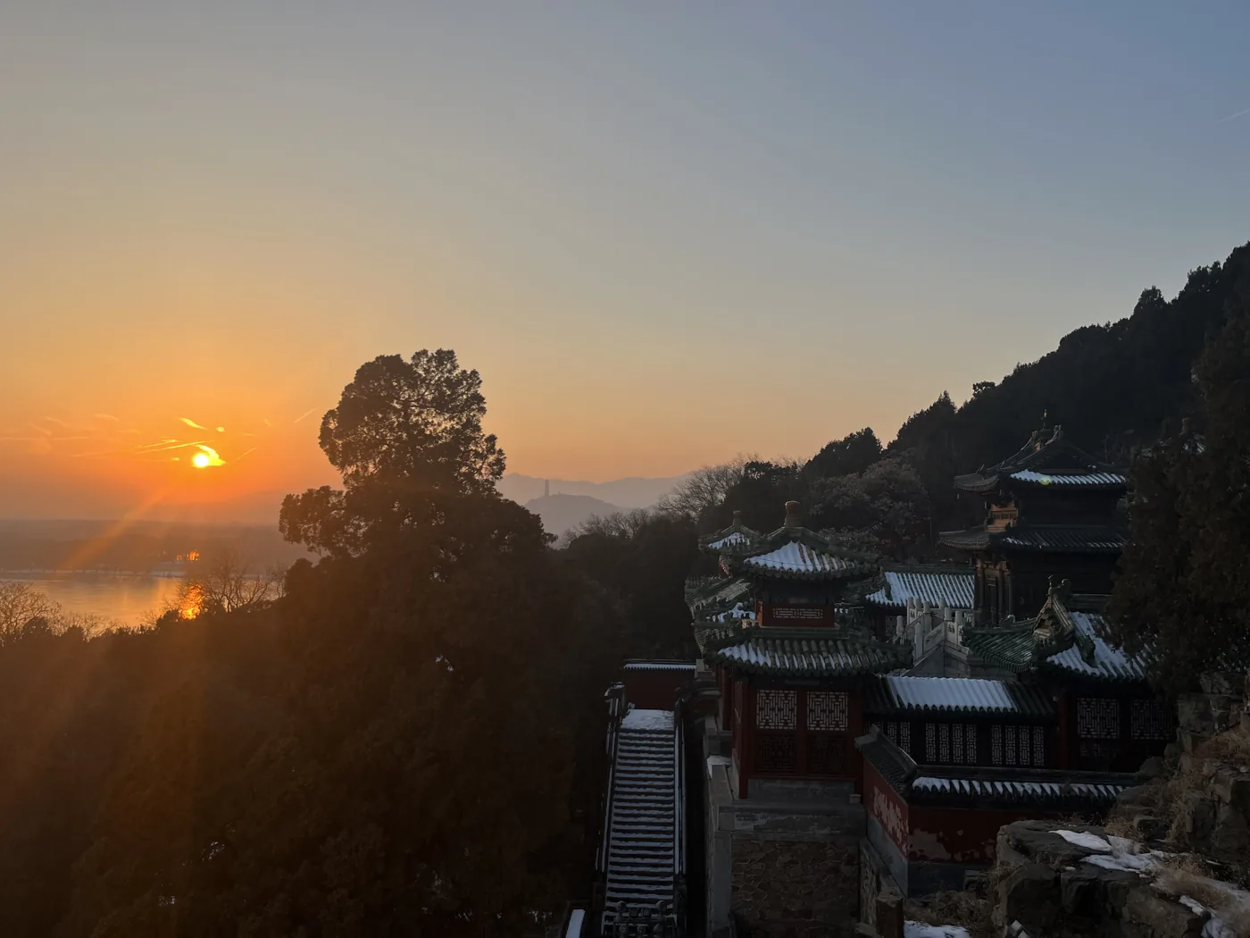 Sunset over Summer Palace pagodas and Kunming Lake, Beijing