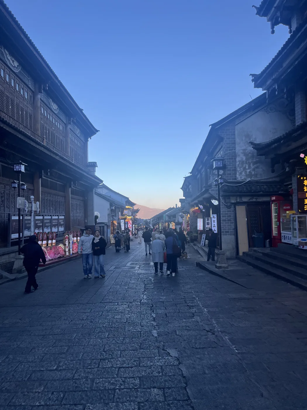 Cobblestone street at dusk in Dali Old Town, Yunnan, China
