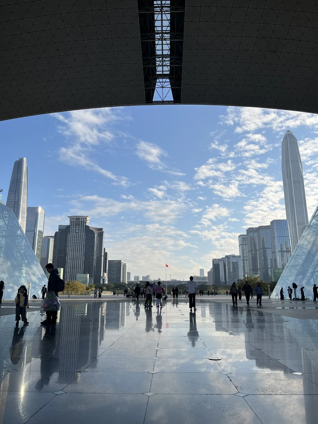 Shenzhen skyline viewed through modern architecture, China