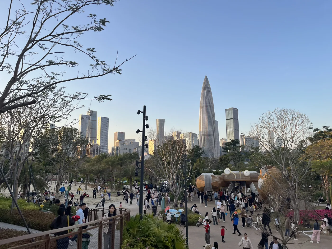 Shenzhen skyline with Ping An Finance Centre from a park, China