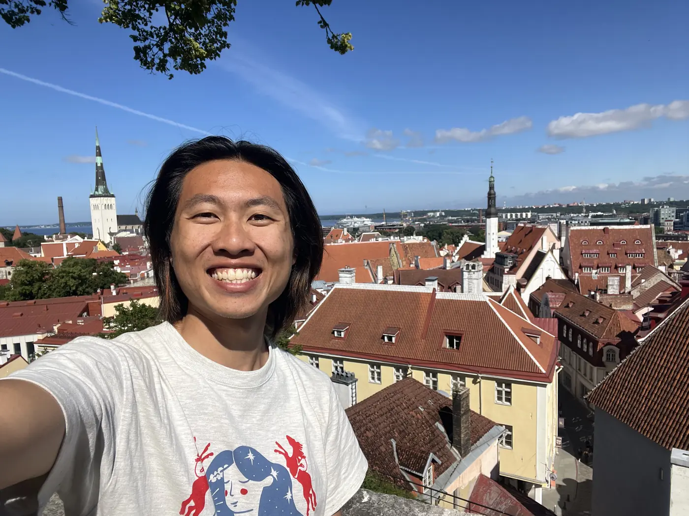 Shin selfie from a Toompea viewpoint overlooking Tallinn's red-roofed Old Town with St. Olaf's Church spire and the harbor in the distance