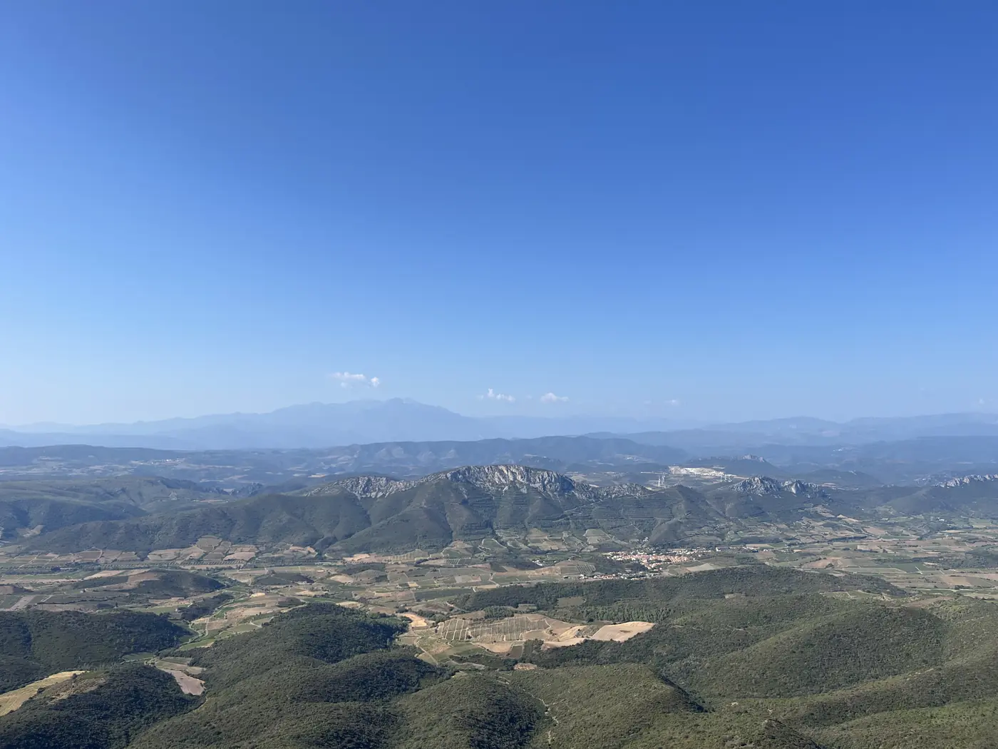 Panoramic view from a Cathar castle in the Corbières hills over a patchwork valley of vineyards and forest