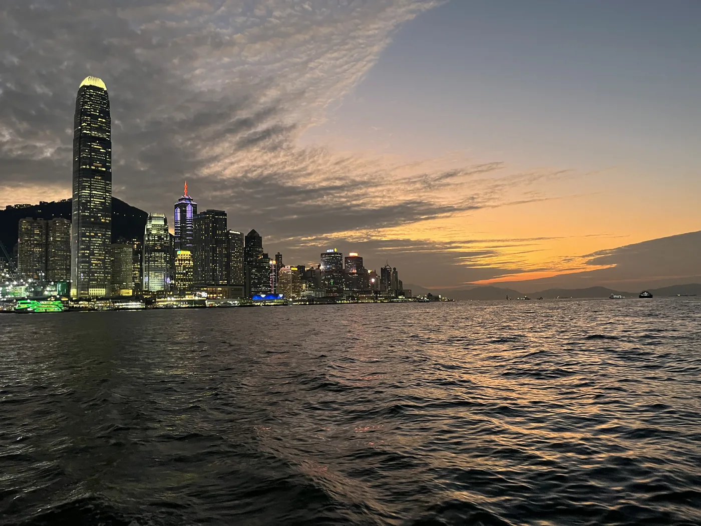 Hong Kong skyline at sunset from Victoria Harbour