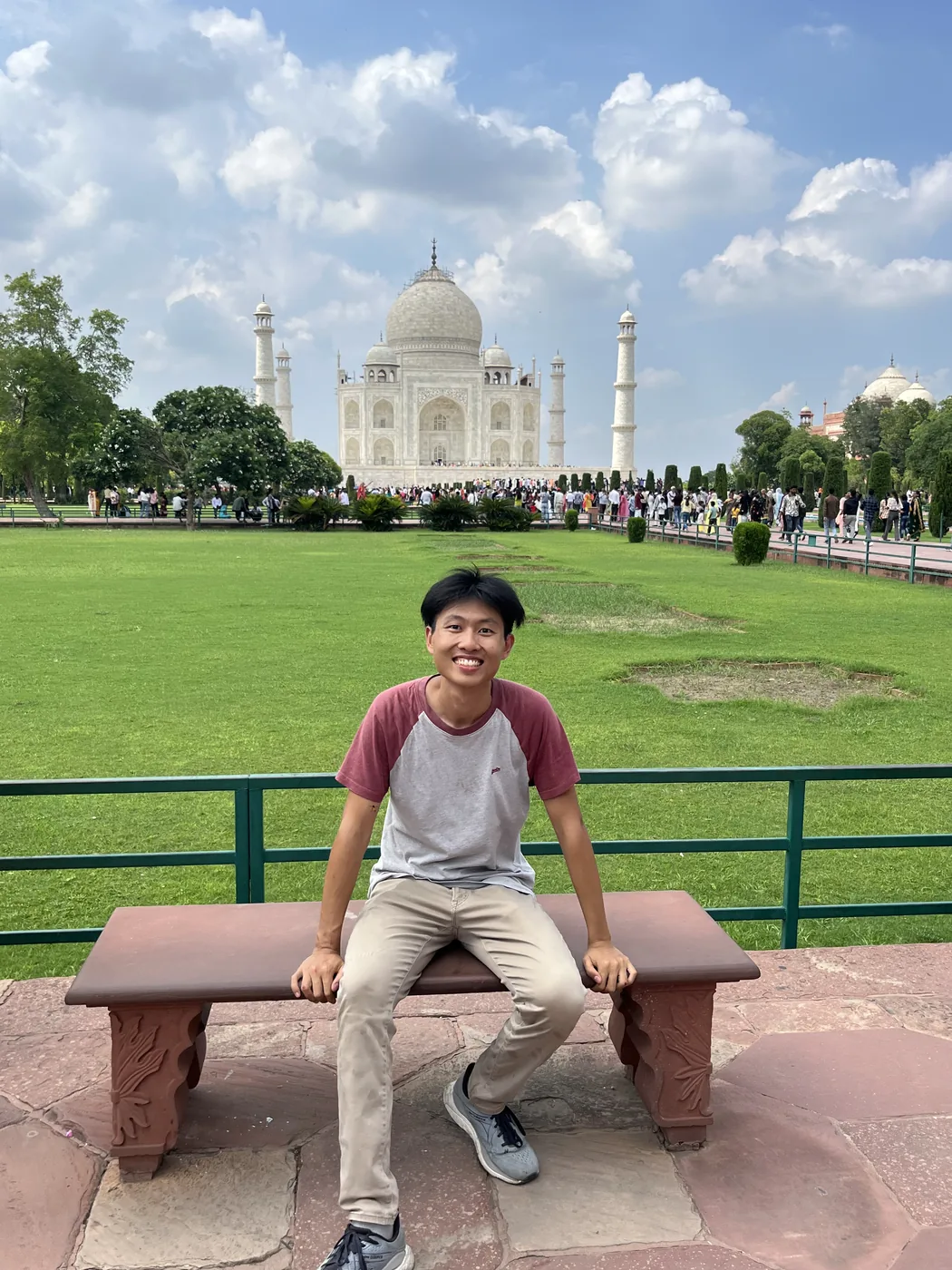 Sitting on the bench with Taj Mahal behind, Agra