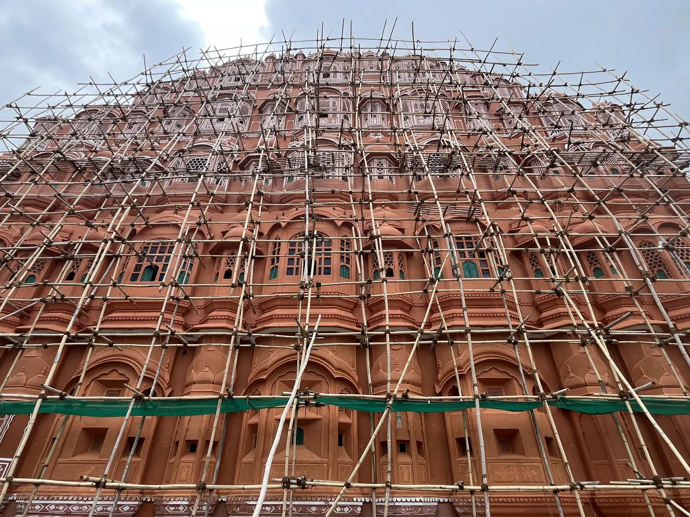 Hawa Mahal covered in scaffolding for restoration, Jaipur