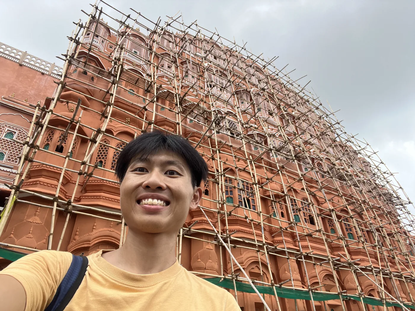 Selfie at Hawa Mahal with scaffolding, Jaipur