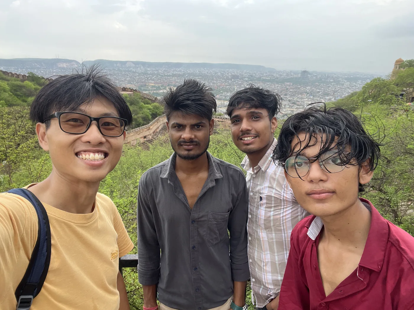 Group selfie with locals on the hilltop above Jaipur