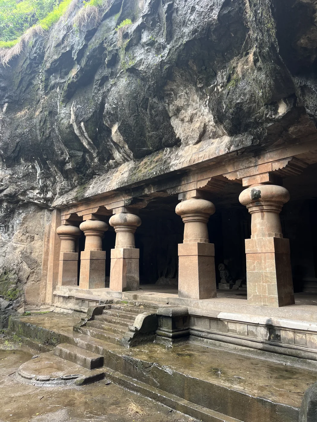 Elephanta Caves exterior entrance with carved columns, Mumbai