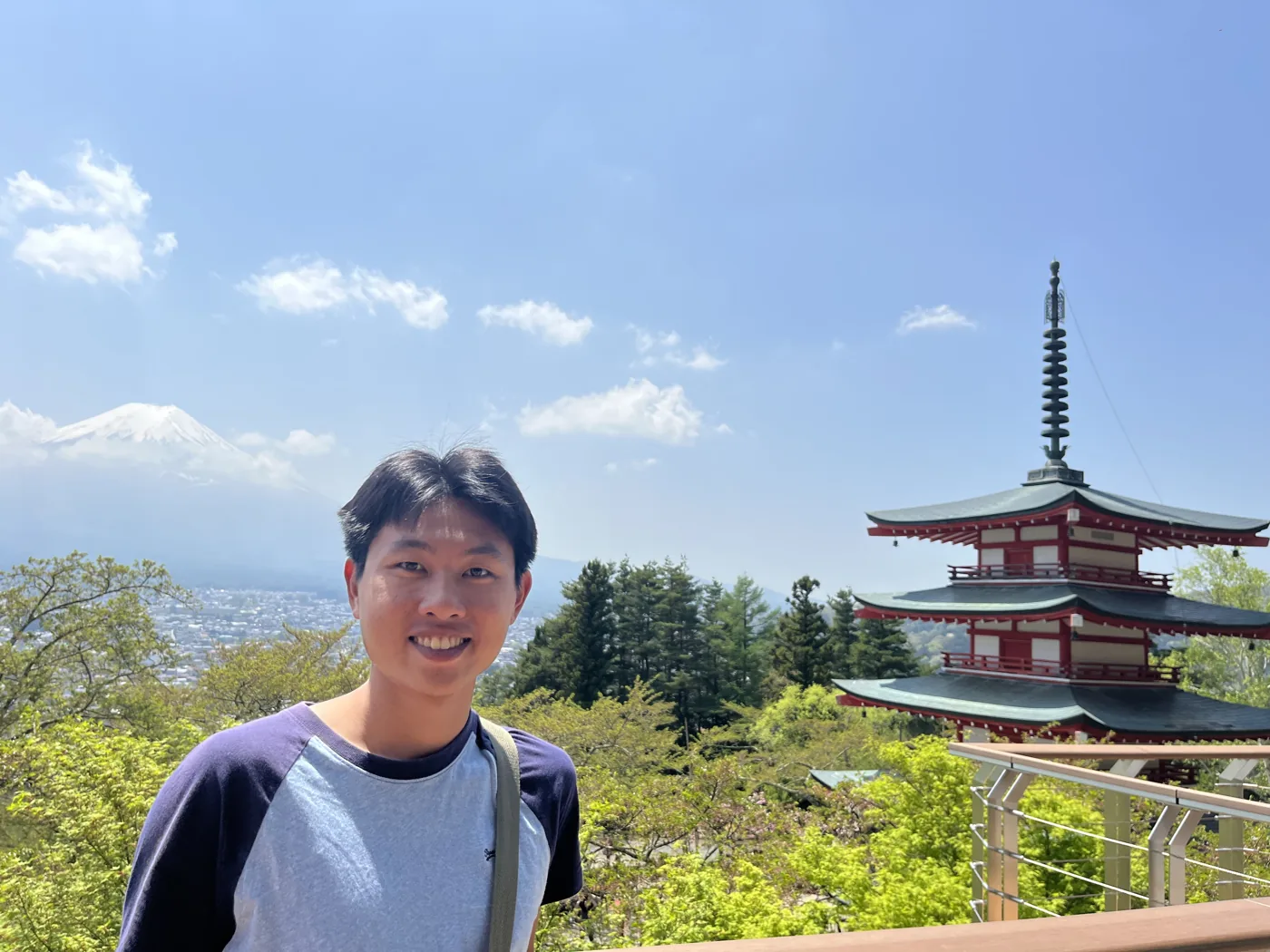 Standing with Chureito Pagoda and Mt Fuji behind, Arakurayama