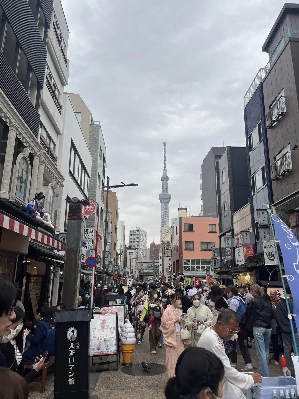 Nakamise-dori shopping street in Asakusa with Tokyo Skytree behind