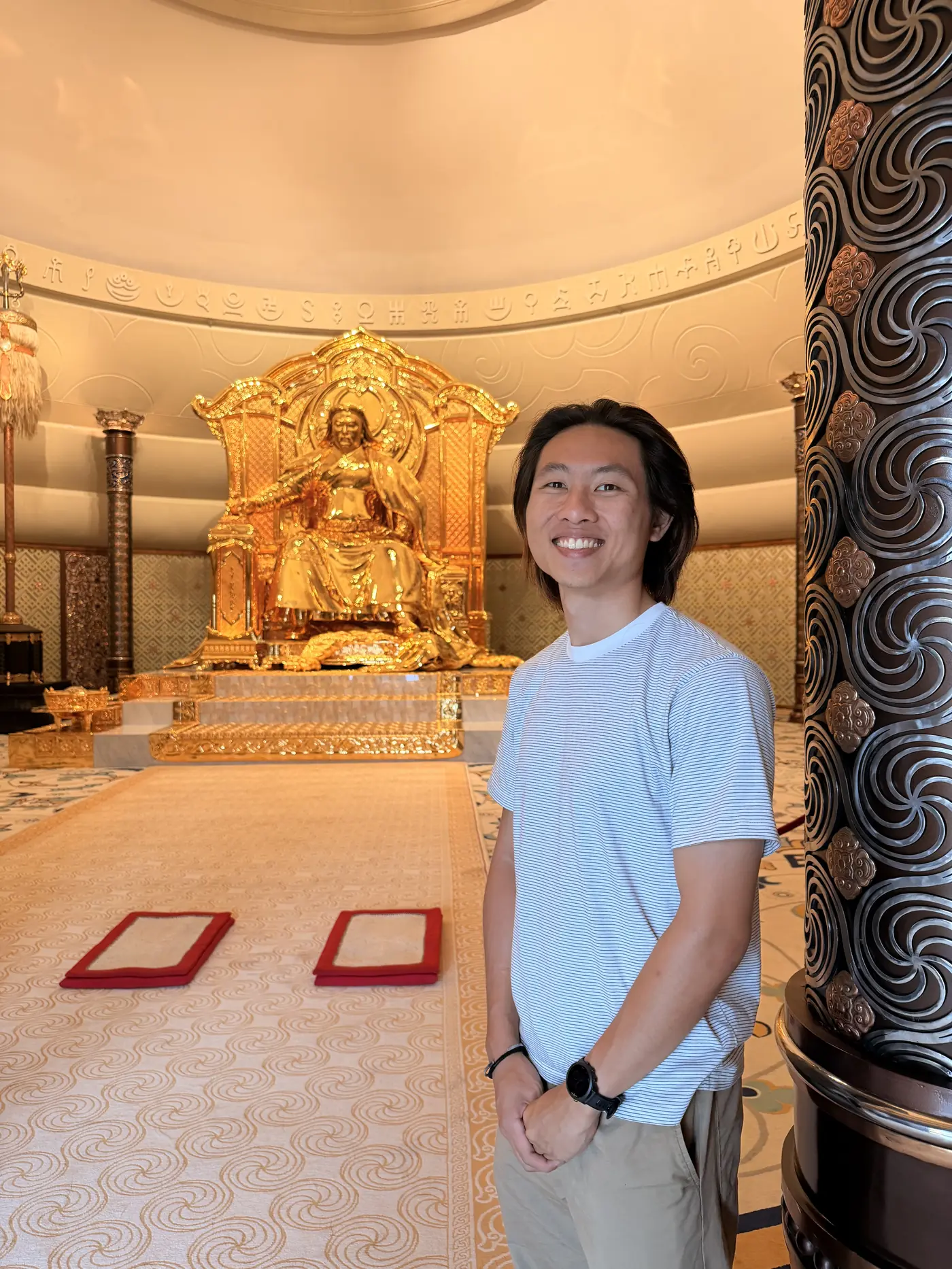 Interior of the Genghis Khan Statue Complex museum, golden throne statue of Genghis Khan in ornate ceremonial hall