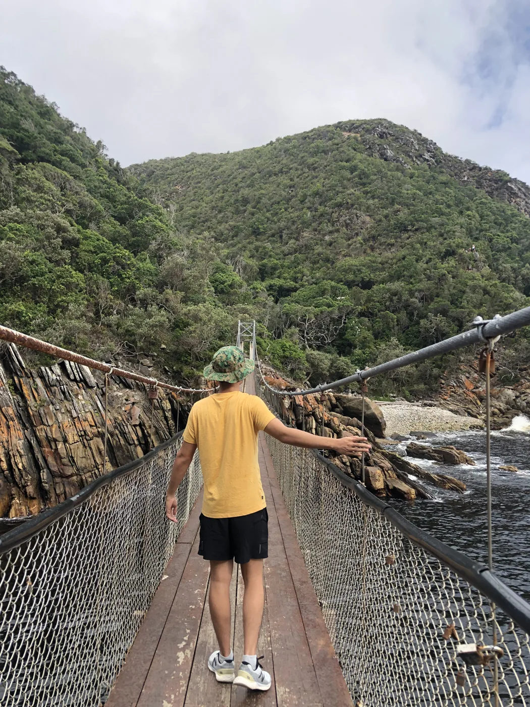 Walking across the Storms River suspension bridge through the forested gorge