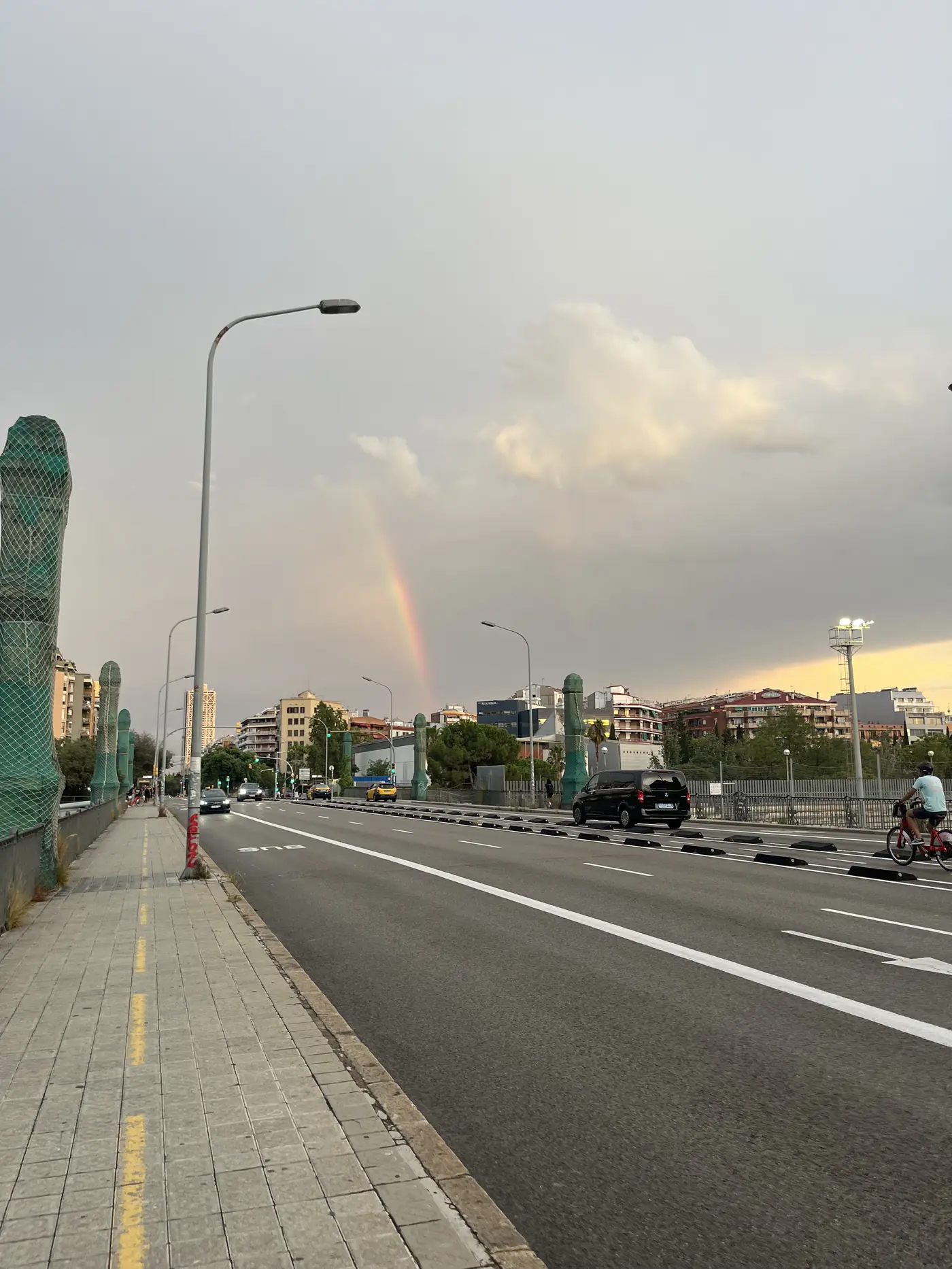 A faint rainbow over a Barcelona street lined with sculptural green cactus-shaped bollards, cars passing on a rainy evening