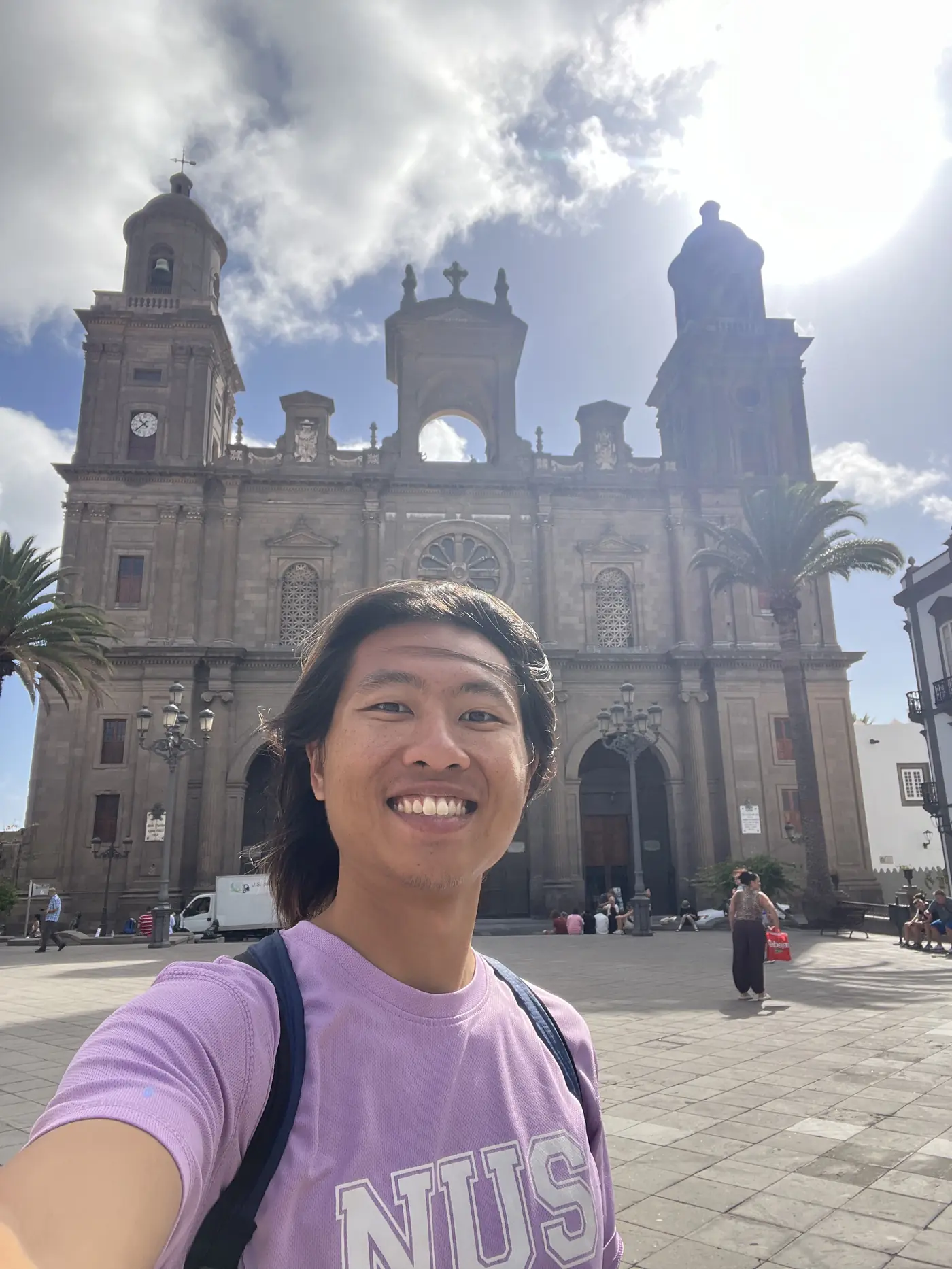 Shin selfie in front of the twin bell towers of Santa Ana Cathedral in the Vegueta district of Las Palmas, Gran Canaria