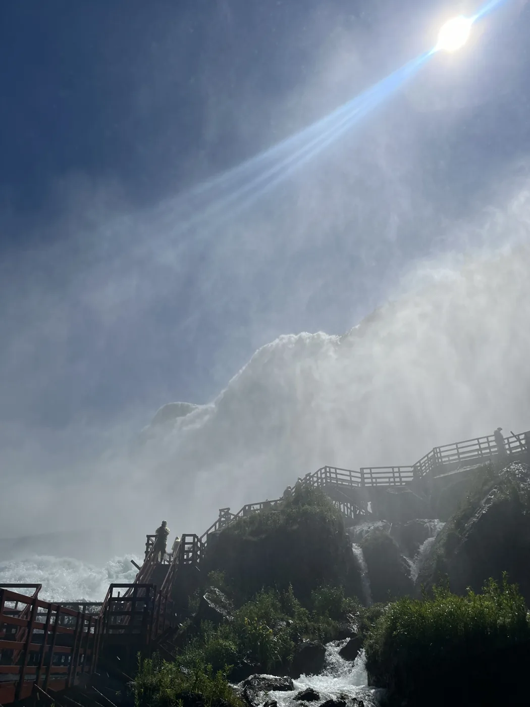 Looking up at Niagara Falls from the base, massive mist and spray