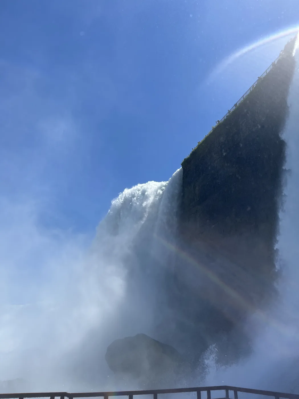 Looking up at the edge of Niagara Falls with rainbow in mist