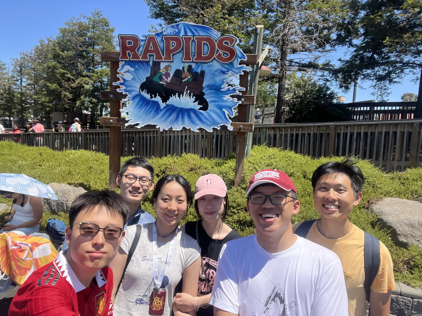 Group photo at Six Flags theme park Rapids ride