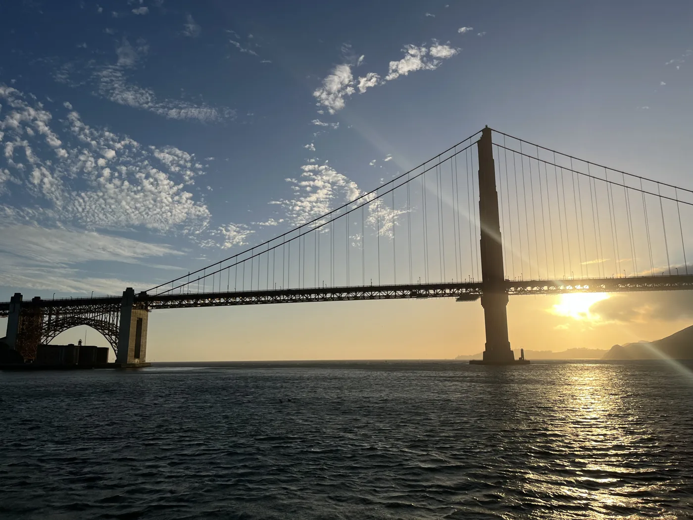 Golden Gate Bridge at sunset from the water