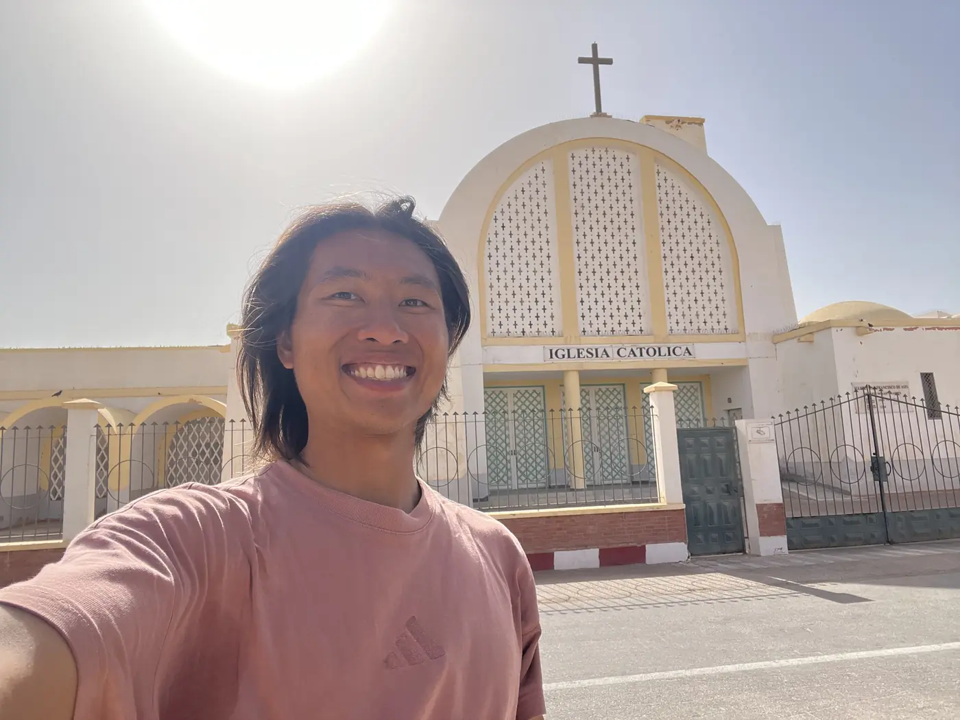 Shin selfie in front of the Iglesia Católica, a Spanish colonial-era Catholic church in Laayoune, Western Sahara